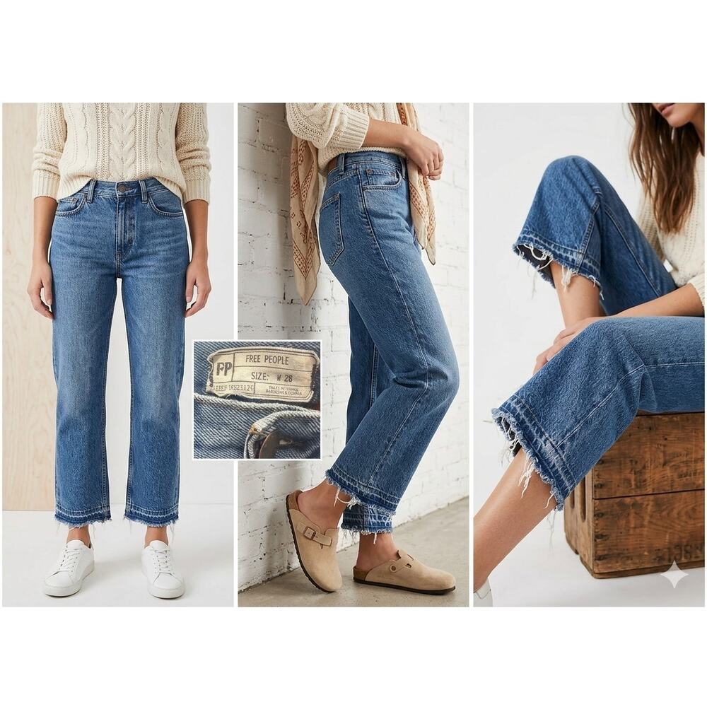 Free People Straight Leg Jeans Raw Hem Blue Distressed Fishermancore Boho Sz 28